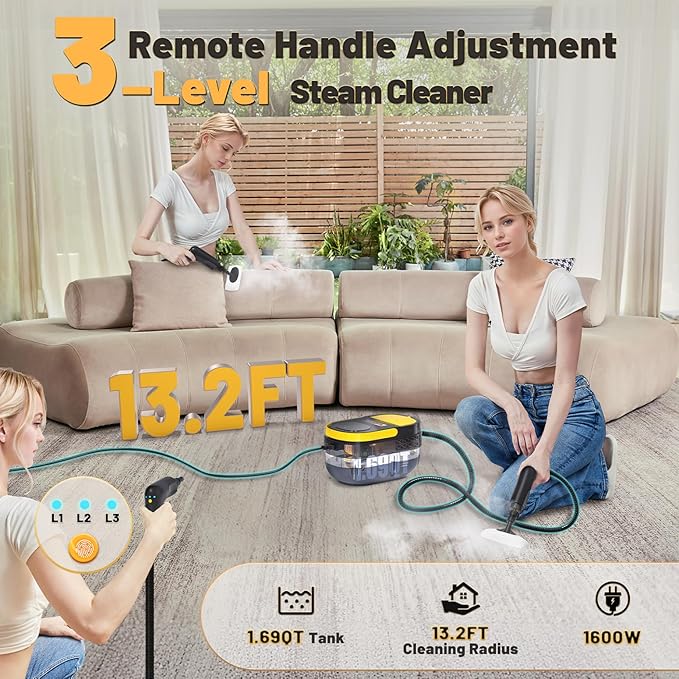 Gautye Steam Cleaner, 3-Level Adjustable Handle, 15s Heat-Up, 1.69 Quarts Tank, Portable Steamer for Cleaning with 15 pcs Accessories, Steam Cleaner for Home for Dirt, Grease, Grout, Tile,Floor, Car