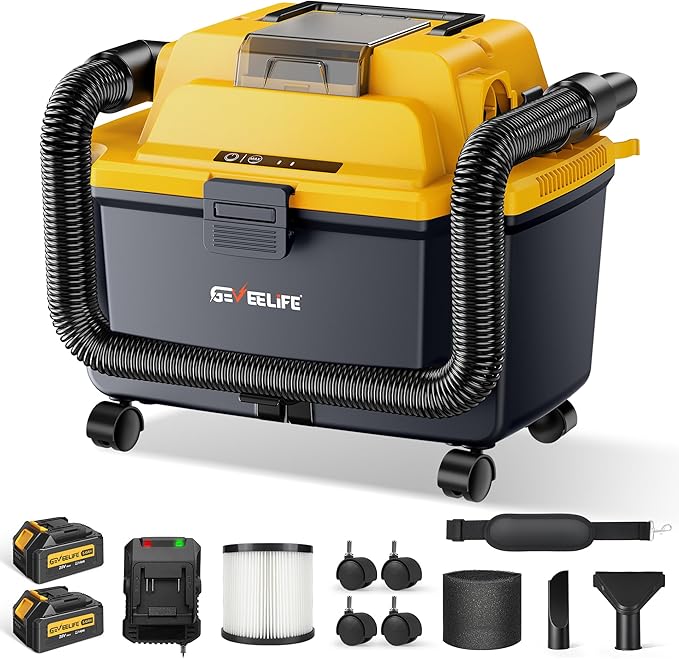 GEVEELIFE Cordless Shop Vac Wet and Dry, 4.3 Gallon Shop Vac with 2 x 5.0Ah Batteries, Fast Charger, HEPA Filter, Strap & Wheels, 3-in-1 Vacuum Cleaner for Garage, Car, Workshop
