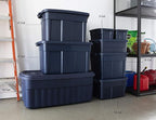 Rubbermaid Roughneck Tote 25 Gal, 4 Pack, Made in USA, Dark Indigo Metallic, Rugged Plastic Stackable Storage Bins with Lids and Handles