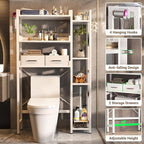Besiost Over The Toilet Storage with 2 Drawers - 7 Tier Bathroom Organizer with Adjustable Shelf, Freestanding Space Saver Storage Rack Above Toilet Stand with 4 Hooks for Restroom, Laundry, White
