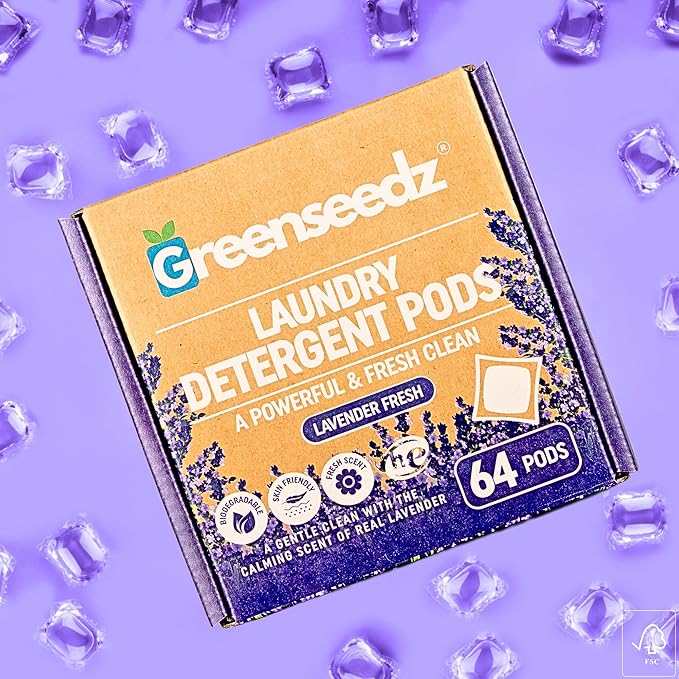 Greenseedz Laundry Pods, Fresh Lavender Scent, 64 Pacs, Eco Friendly, Powerful Clean, Skin Friendly, Biodegradable, HE Compatible