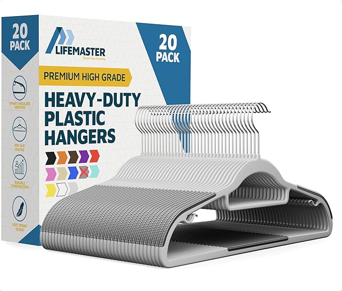 Lifemaster Plastic Clothes Hanger Set - 20 Pieces Versatile, Lightweight, Space-Saving, Non-Slip, Slim Designed, Dry and Wet Clothes Hanger Set with 360° Swivel Hook and Rubber Coating - Gray
