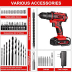 Cordless Drill Set,20V Drill Driver with Battery and Charger,3/8-Inch Keyless Chuck, Variable Speed,with Drills Bits Set,Red