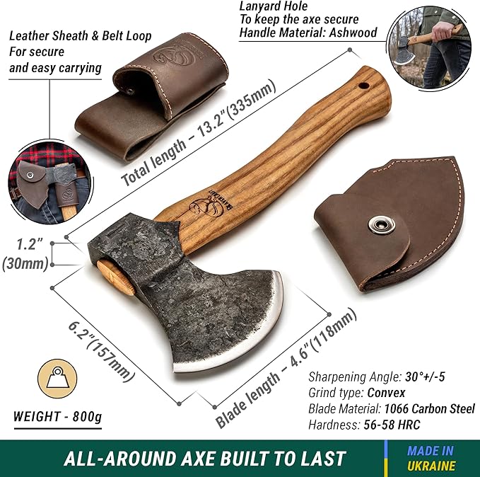 BeaverCraft Bushcraft Hatchet with Sheath for Camping AX3 - Small Wood Carving Axe - Forged Axes for Chopping - Forest Backpacking Hatchet with Wooden Handle - Firewood Splitting Axe, Gardening Axes