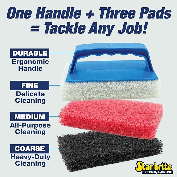 STAR BRITE Scrub Pad Kit - 3 Different Textured Scouring Pads & Interchangeable Handle (040023PW)