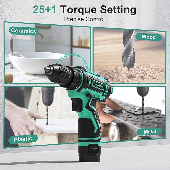 Cordless Drill Set,12V Power Drill Driver 3/8" Keyless Chuck with 92 Acessories, Built-in LED Light, 25+1 Position, Electric Drill for Home DIY Projects（Cyan）