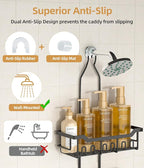 Adjustable Shower Caddy Hanging, Extended Length Organizer Over Shower Head, 3 Tier Long Neck Shower Rack with Soap Holder for Large Storage, Black