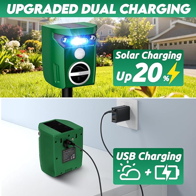 1 Pack Solar-Powered Ultrasonic Animal Repellent Outdoor, Deer Repellent Devices with Motion Sensor, Waterproof Deer, Cat, Raccoon, Coyote, Rabbit Deterrent for Yard, Garden, Farm