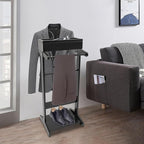 Valet Stand with Drawer and Top Tray, Wood Mens Suit Valet Stand with Wood Base, Freestanding Clothes Valet Stand with Hanger, Storage Organizer for Entryway Office Living Room (D, Black)