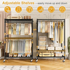 ULIFHOME P4 Plus Rolling Clothes Rack Heavy Duty, Clothing Racks for Hanging Clothes, Free Standing Garment Racks with Wheels, Portable Closet Rack 45''W × 20.5''D × 80.5''H, Max Load 570 Lbs, Black