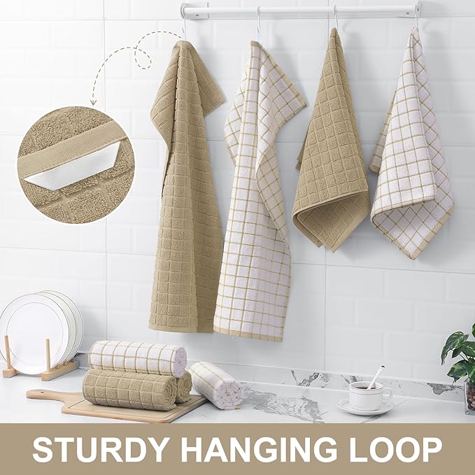 Homaxy Premium Cotton Kitchen Towels 16"x 28", Large Natural Ring Spun 390 GSM Dish Towels, Super Absorbent Terry Kitchen Hand Towels, Soft Tea Towel with Hanging Loop, Tan Check Design, 8 Pack