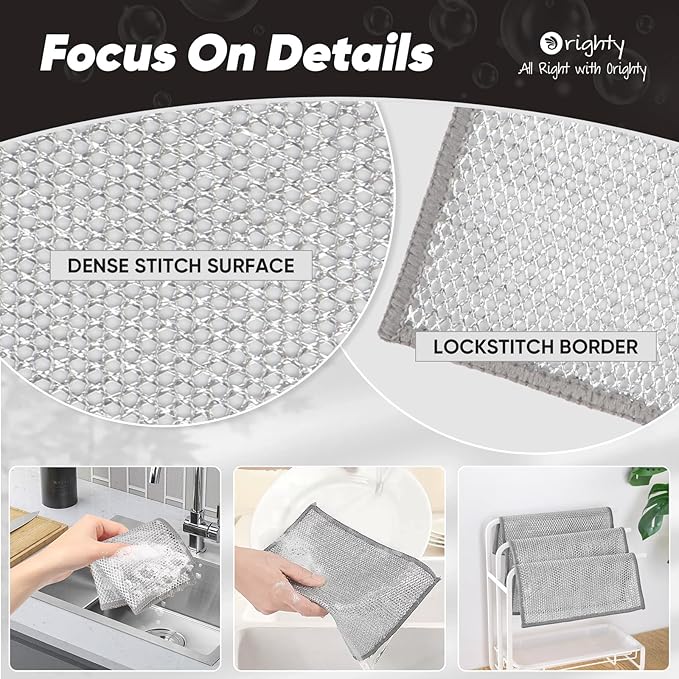 Orighty 12 Pcs Multipurpose Wire Dishwashing Rag, Non-Scratch Wire Dish Cleaning Cloths for Wet and Dry, Reusable Steel Scrubber for Kitchen, Powerful Dishcloth Rag for Cookware, Dish, Stove-7"x8"