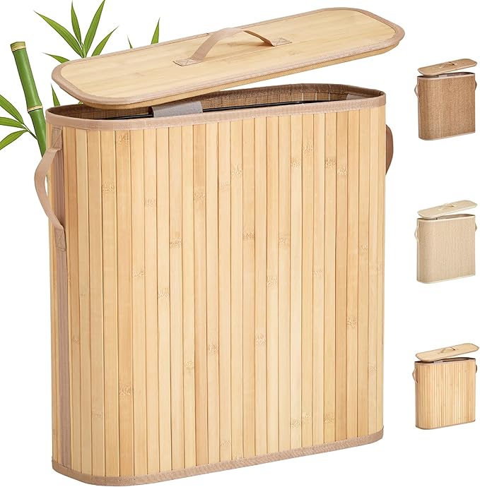 Bamboo Toilet Paper Storage Basket with Lid & Handle - 32L Large Capacity Handwoven Bathroom Organizer for 16 Rolls - Sturdy Stand Holder for Toilet Paper Organization, Natural