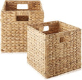 Casafield 10.5" x 10.5" Water Hyacinth Storage Baskets, Natural - Set of 2 Collapsible Cube Organizers, Woven Bins for Bathroom, Bedroom, Laundry, Pantry, Shelves