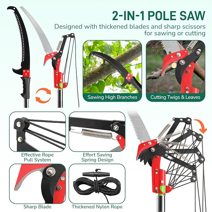 Manual Pole Saw for Tree Trimming, Extendable Tree Pruner (Green, 26ft)