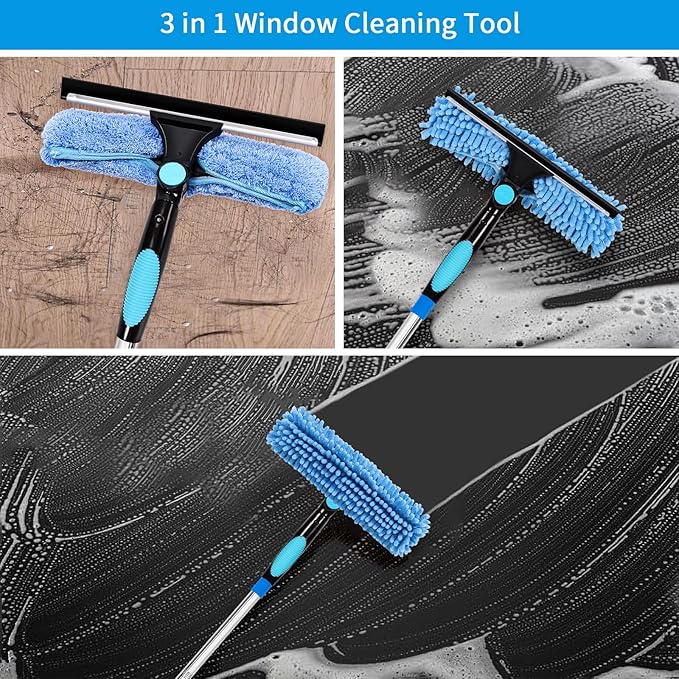 Window Washing Kit with Extension Pole, 73’’ Window Cleaning Squeegee Kit, 3 in 1 Window Cleaning Kit with 2 Microfiber Pads & 2 Chenille Pads for Indoor Outdoor Windows