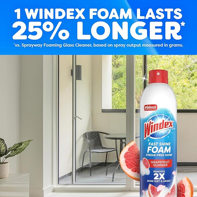 Windex Fast Shine Foam Glass Cleaner Supplies, No-Drip Window & Mirror Aerosol Spray, Streak-Free, Removes Fingerprints, Dust, Dirt & Smoke Film, Grapefruit Scent, 19 oz (Pack of 2)