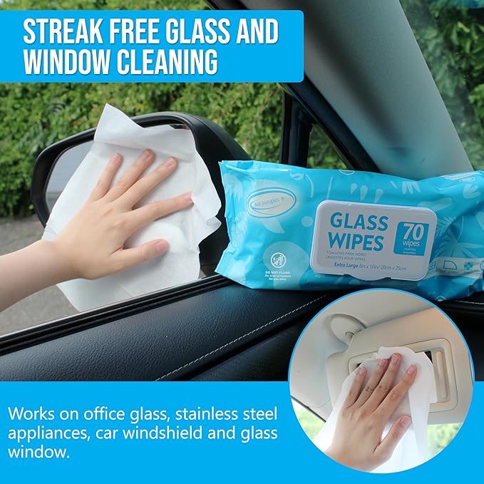 Air Jungles Glass and Window Cleaner Wipes 70 Count (Pack of 3), Extra Large 8" x 10" Size Multi-Surface Glass Cleaning Wipes for Car Windshield, Headlight, Mirror, Tile, and Household Appliance
