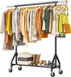 HYSEYY Heavy Duty Clothes Rack Load 450 LBS, Metal Garment Rack, Standing Rolling Clothing Rack for Hanging Clothes with Sturdy Wheels & Shelves, Portable Closet Wardrobe Rack,Black