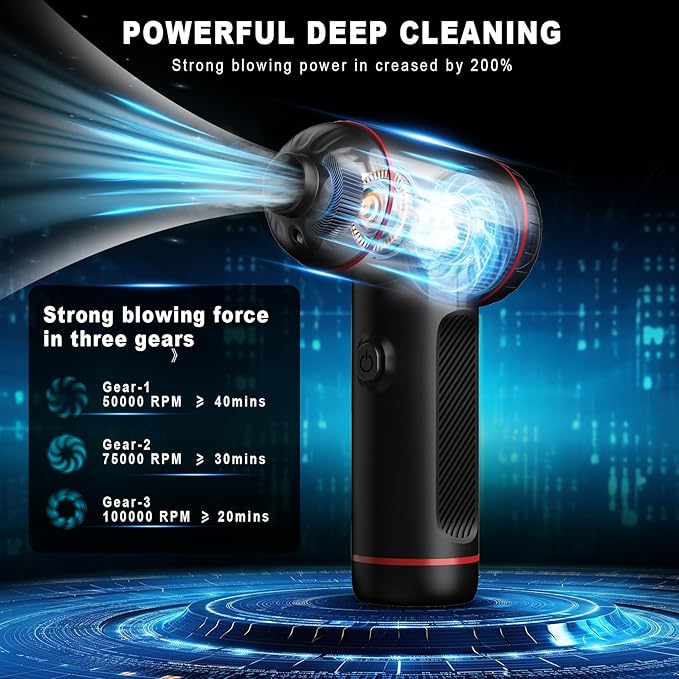 Compressed Air Duster,3 Gear Adjustable 100000RPM Electric Air Duster, Rechargeable Cordless Air Blower with LED Light for Computer Keyboard Electric Devices Cleaning. Replaces Compressed Air Cans