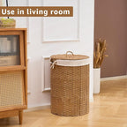 Round Wicker Laundry Hamper with Lid Handwoven Rattan Basket with Handles for Dirty Clothes, 2 Washable Liner Bags, No Assembly Required, Washable Basket, 90L