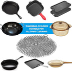 TOPULORS 316 Stainless Steel Cast Iron Skillet Cleaner Scraper Chain Link Chainmail Scrubber for Cast Iron Pans, Pre-Seasoned Pans, Griddle Pans, BBQ Grills, and More Pot Cookware-Round 7 in Diameter