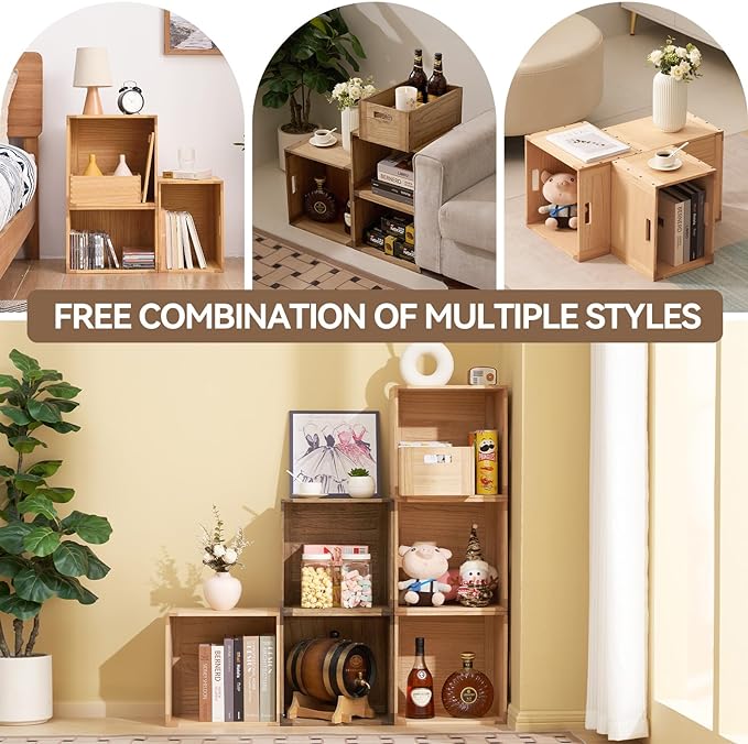 KIRIGEN Stackable Wood Storage Cube /Basket/ Bins Organizer for Home Books Clothes Toy - Modular Open Cubby Storage System - Office Bookcase Closet Shelves C15-DBR