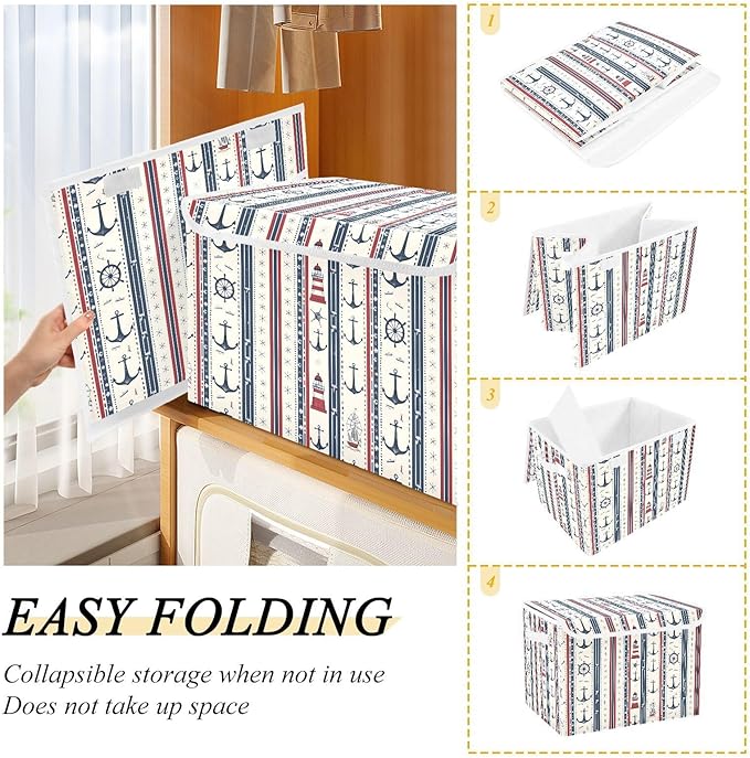 Large Storage Bins with Linen Collapsible Foldable Storage Cubes Fabric Closet Organizer Containers box with Flip-Top Lid for Home Bedroom Office 16.7 x 12.6 x 11.8in (Nautical Theme Anchors Ship)