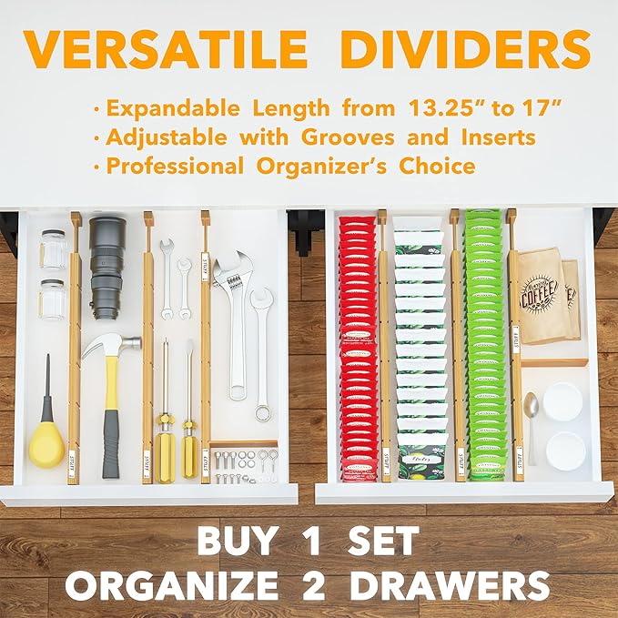 SpaceAid Bamboo Drawer Dividers with Inserts and Labels, Kitchen Adjustable Drawer Organizers, Expandable Organization for Home, Office, Dressers and Bathroom, 6 Dividers with 12 Inserts (13.25-17 in)