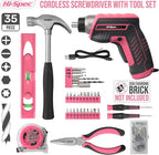 Hi-Spec 35-Piece Tool Kit with 3.6V USB Small Electric Screwdriver Set, Pink Drill Set for Women, Tool Kit for Home