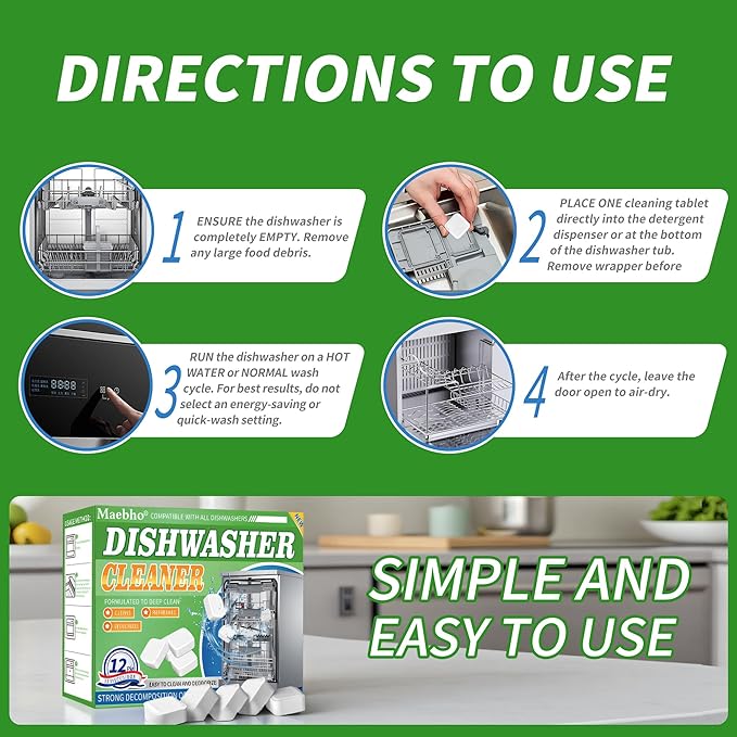 Dishwasher Cleaner and Deodorizer Tablets-12 Pack, Heavy Duty Deep Cleaning Descaler Pods for Dish Washer Machine, Removes Limescale, Odor, Grease, and Hard Water Stains, Septic Safe