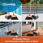 Heavy Duty Outdoor Broom and Dustpan Set with Long Handle, Standing Dustpan & Split-End Bristles for Patio, Garage, Deck, Leaves Debris Cleaning