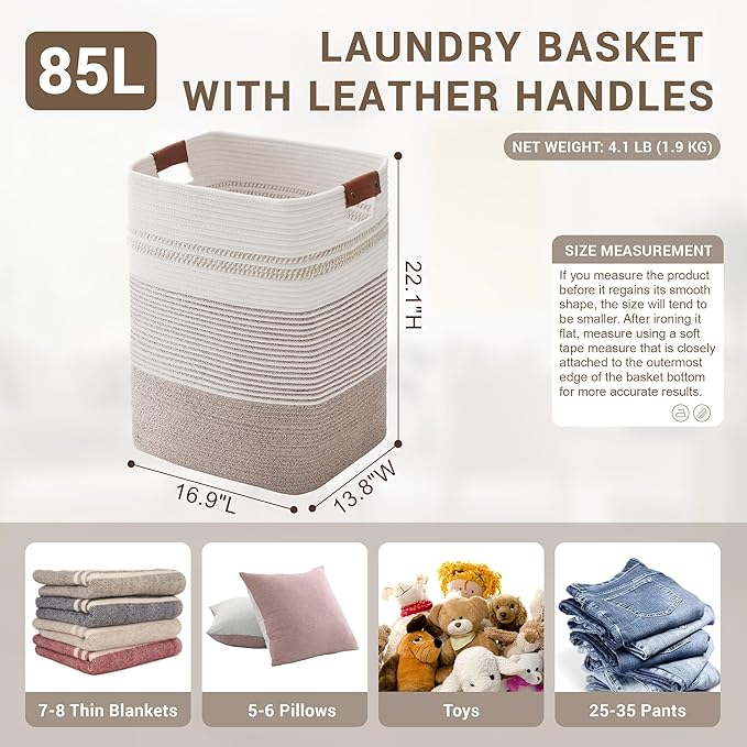 85L Tall Laundry Hamper with Handles for Living Room Storage, Extra Large Woven Rope Baskets Bin for Blanket, Kids Toy, Gifts, Wicker Hamper for Bedroom Dirty Clothes, 17"x14"x22" White Brown
