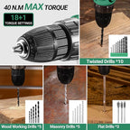 Green Drill Tool Kit Set: 20V Cordless Power Drill Tool Box with Battery Electric Drill Driver for Men Home Hand Repair Basic Toolbox Tools Sets Drills Case