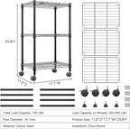 M MZG 3 Tier Shelf Metal Storage Shelves Wire Rack Closet Organizers with Wheel for Garage Kitchen Bathroom Laundry Black 11.8" D x 17.7" W x 29.8" H