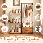 Industrial 4-Tier Storage Shelf with Drawer & Hanging Hooks - Metal & Wood Entryway Organizer Rack for Bedroom, Living Room - Freestanding Clothing Coat Rack with Multi-Level Shelves (Brown)