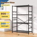 Storage Shelves 4-Tier Large Capacity Metal Shelving with Hooks, Heavy Duty Garage Shelving Unit with Leveling Feet, Stable Metal Shelves for Pantry, Kitchen and Closet,36" W x 12" D x 60" H, Black