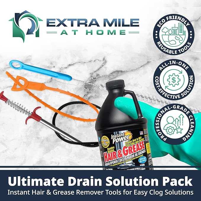 Ultimate Drain Solution Instant Power Hair & Grease Drain Cleaner Opener 2L Bundle with Drain Snake Hair Drain Clog Remover, and Protective Gloves