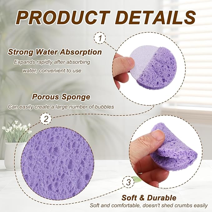 uxcell 20Pcs Cellulose Sponges, Round Kitchen Clean Sponges Non-Scratch Compressed Dish Scrubber for Kitchen Household Cookware Bathroom Cleaning & DIY, Purple