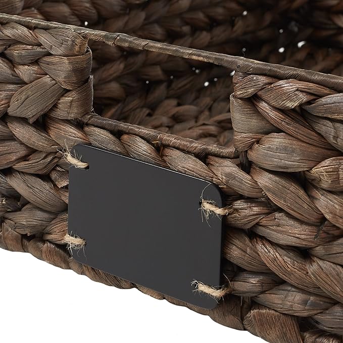 Casafield Set of 4 Water Hyacinth Pantry Baskets, 12-1/2" x 17" x 5", with Chalkboard Labels and Chalk Marker - Espresso, Woven Storage Bin Organizers for Kitchen Shelves