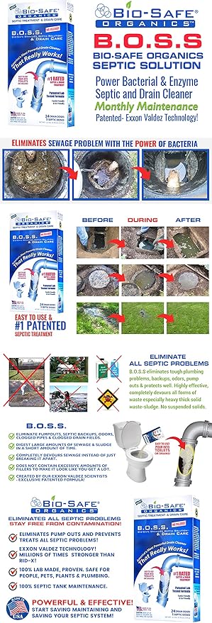 B.O.S.S. Septic Tank Treatment - 12.5oz Powder - 24 Drain or 5 Septic Doses - Patented Bacterial Enzyme - 100% Treats Odors Clogs Backups Pumpouts & Repairs - Works in All Septic Systems - Made in USA