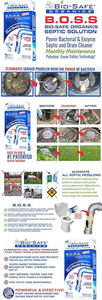 B.O.S.S.- Bio-Safe Organics Septic Solution & Drain Care 12.5 oz Powder - Patented Bacteria Enzyme Exxon Valdez Septic Tank Maintenance & Drain Care Formula, All Septic Tank Systems & Drains - 3 pack