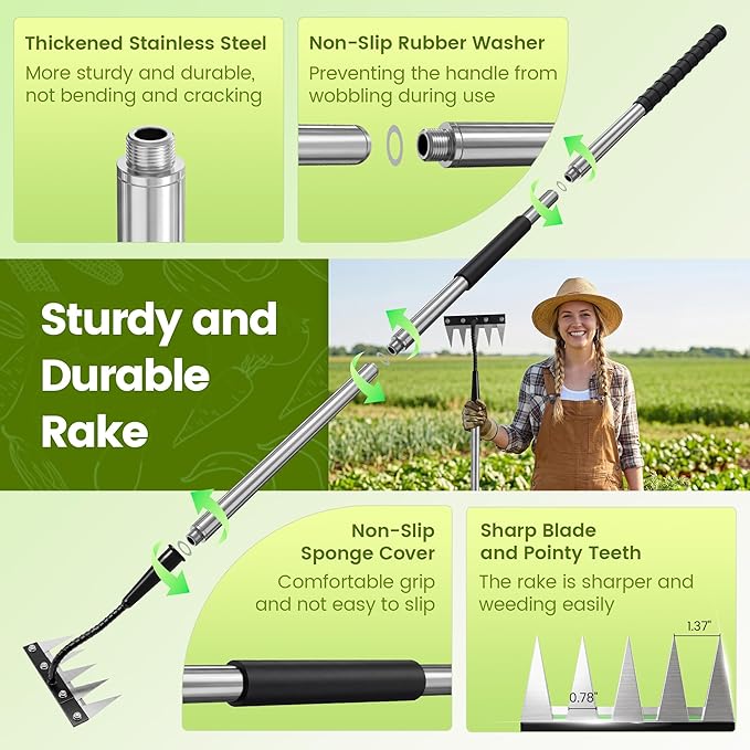 Iron Weeding Rake with Long Handle - Upgraded 5 Teeth Weed Puller Tool, Heavy Duty Manual Weeder Remover Tool for Weeding, Cultivating & Soil Aeration