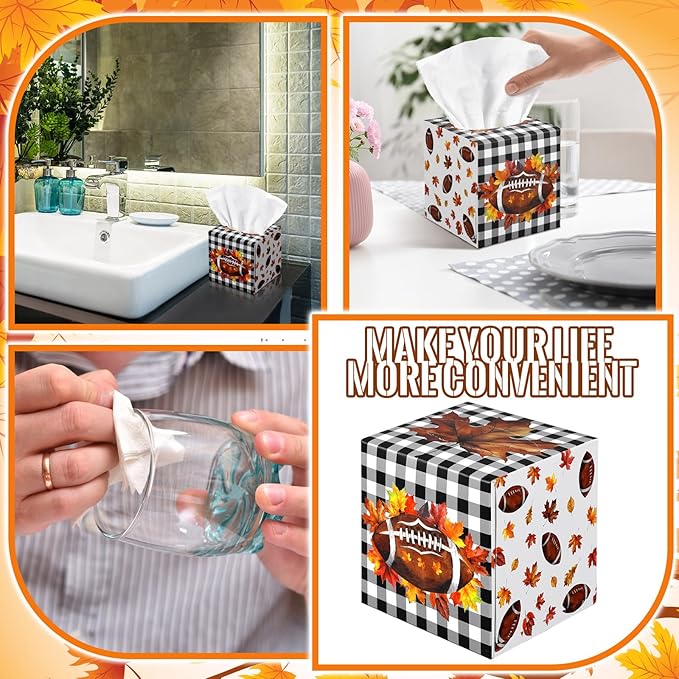 12 Pack Fall Football Facial Tissues Cube Boxes 600 Sheets 3 Ply Autumn Small Maple Leaf Square Face Tissues Bulk for Thanksgiving Day Car Bedroom Party Supplies