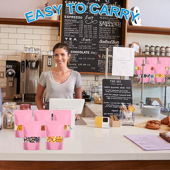 100PCS Mylar Bags for Food Storage, Smell Proof Bags Resealable Food Packaging for Small Business Stand Up Pouches with Window, 5.9" x8.7", Pink