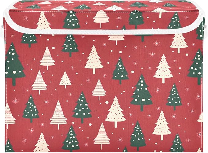 Large Storage Bins with Linen Collapsible Foldable Storage Cubes Fabric Closet Organizer Containers box with Flip-Top Lid for Home Bedroom Office 16.7 x 12.6 x 11.8in (Linen-red Christmas Trees)