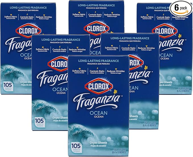 Clorox Fraganzia Fabric Softener Dryer Sheets, Wrinkle Reducing and Anti Static Laundry Dryer Sheets for Great Smelling Clothes, Softens Fabrics, Fresh Ocean Scent, 105 Count - 6 Pack