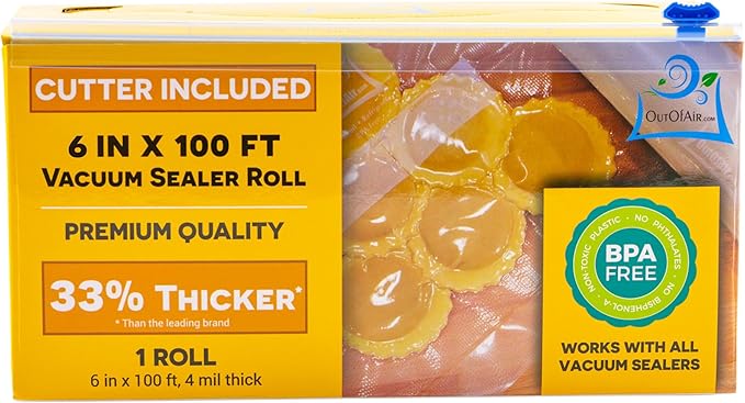 6" x 100' Mega Roll & Cutter Box Vacuum Sealer Bags Roll (No More Scissors) 4 mil 100 Foot OutOfAir, 33% Thicker, BPA Free, Sous Vide, Commercial Grade, Works with FoodSaver Sealers