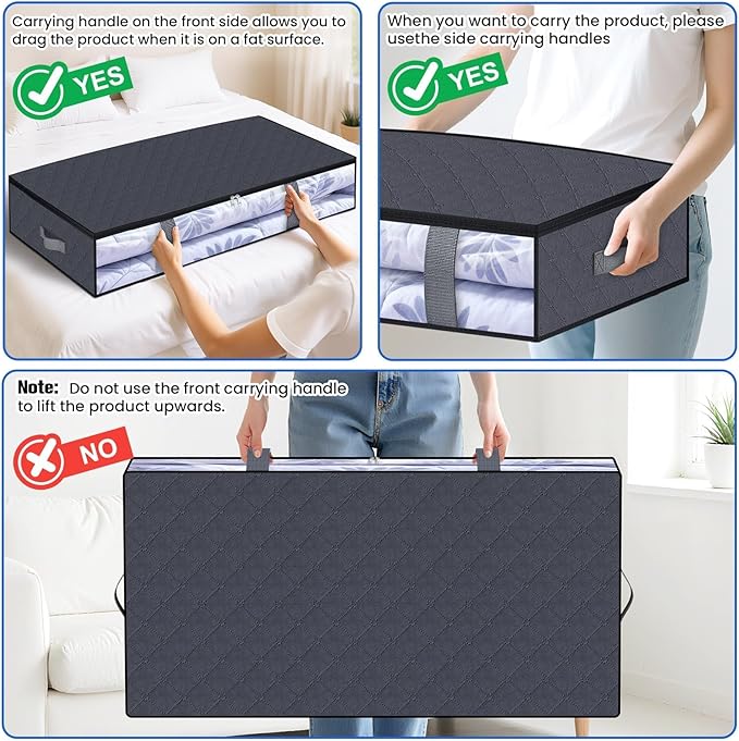 TasticTotes Under Bed Storage Containers, 8 Pack Blanket Storage Bags, Collapsible Storage Bags with Big Zippers, Clear Front, Shoe Storage and Organization for Clothes, Comforter, 90L, Grey