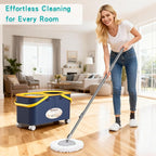 Compact Spin Mop and Bucket with Clean & Dirty Water System, Floor Mop with 360° Swivel Wheels, 61" Handle, 6 Reusable Mop Heads for for Wood, Tile, Vinyl, Baseboards- Blue/Yellow